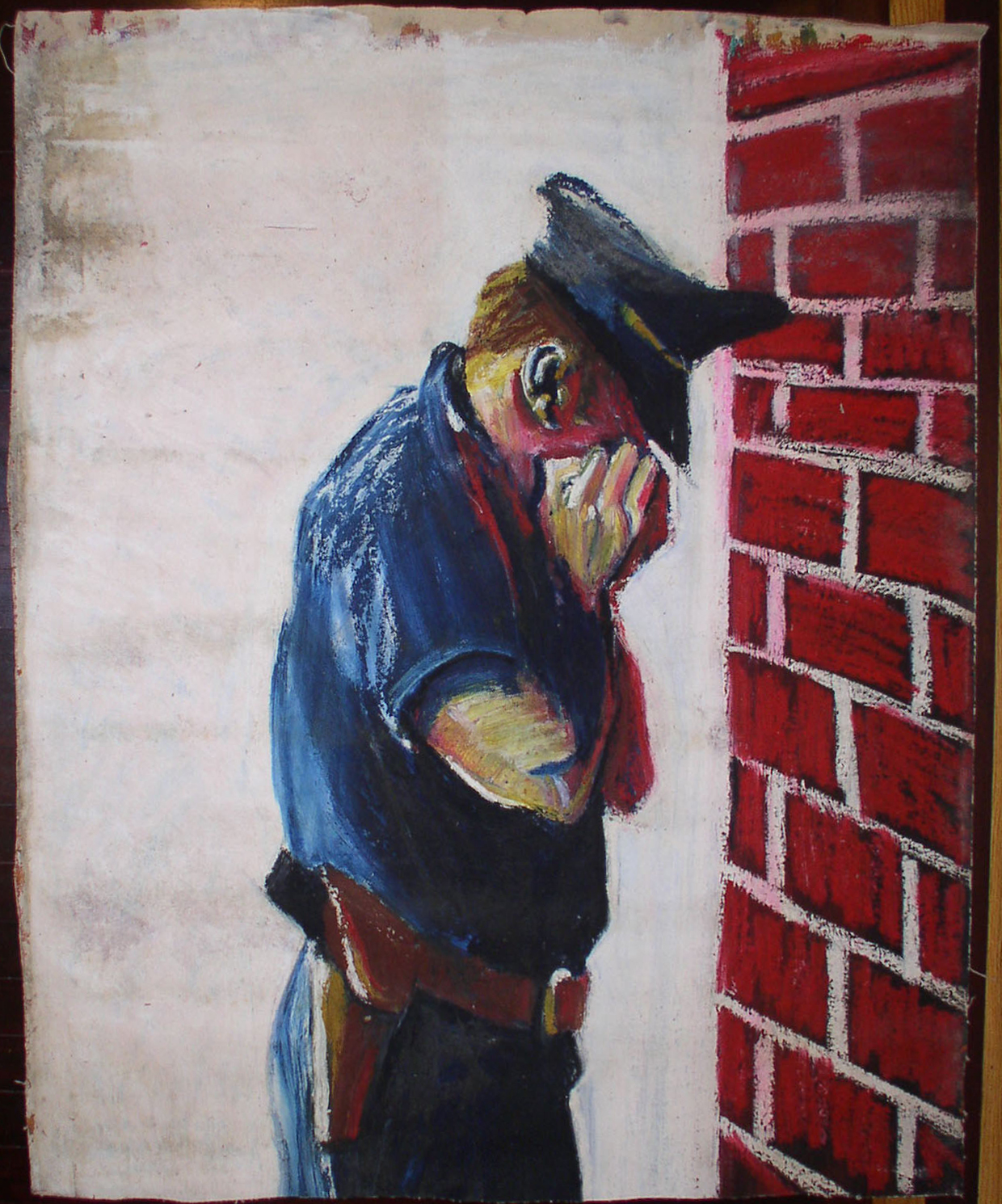 Crying officer pastel stick art