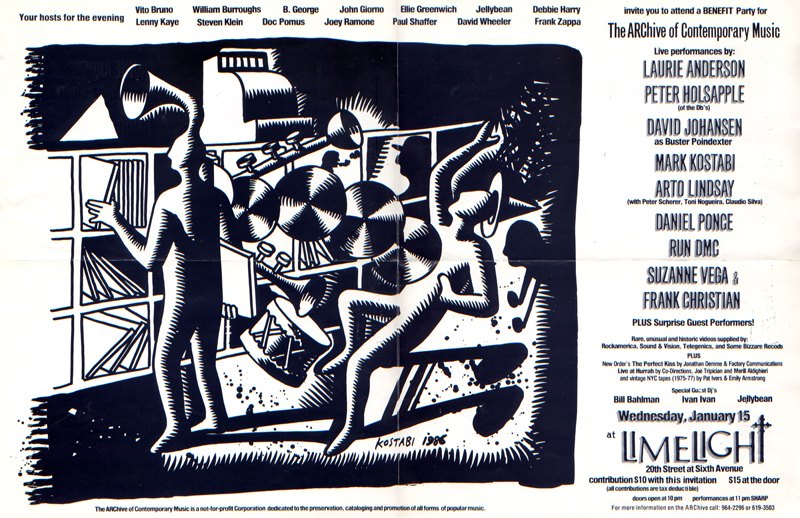 Poster by MARK KOSTABI, benefit party of The ARChive of Contemporary Music, with LAURIE ANDERSON