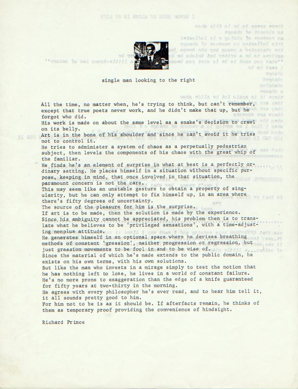 Richard Prince/Alan W. Moore - “Single Man Looking to the Right,” artist’s statement, 1979 (with subsequent notes)