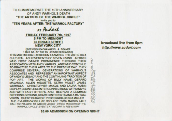 back of postcard for Audart Gallery Ten Years Later
