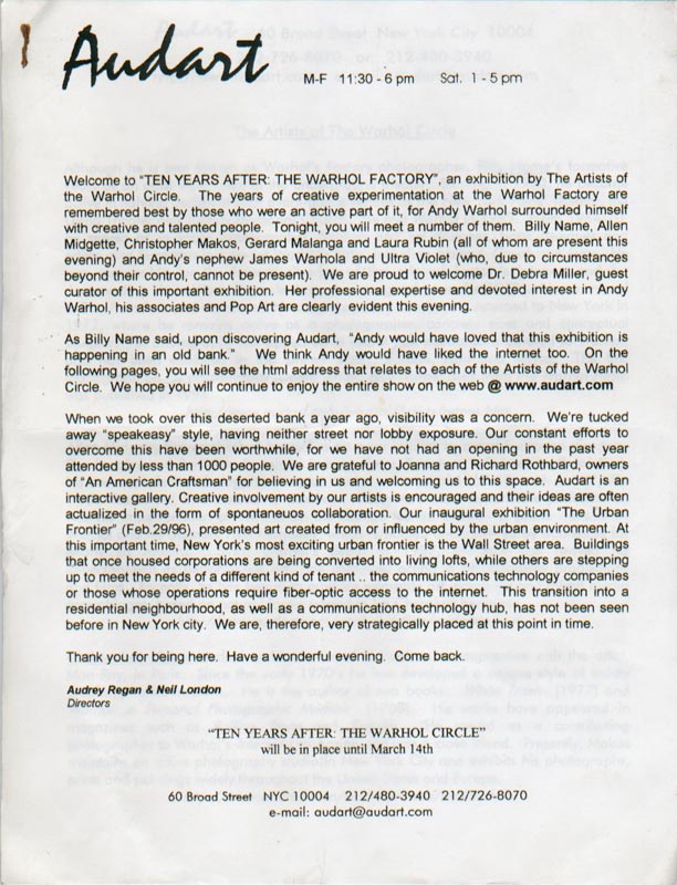 Press release for Ten Years Later exhibition at Audart Gallery