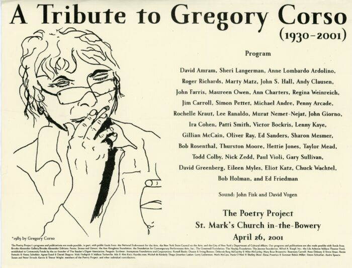 flyer for Gregory Corso tribute
