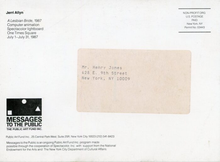 Jerri Allyn postcard for Public Art Fund back