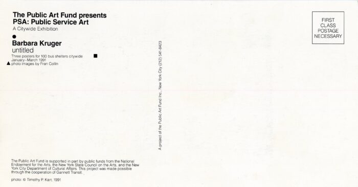back of postcard for Kruger's Public Art Fund installation