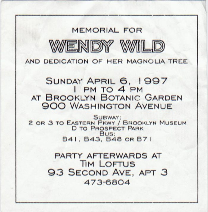 memorial card for Wendy Wild at the Brooklyn Botanic Garden