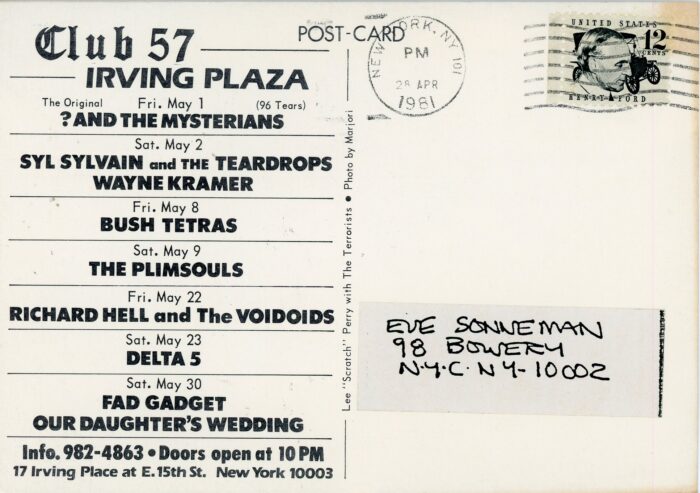 back of card featuring Bush Tetras, Richard Hell and the Voidoids