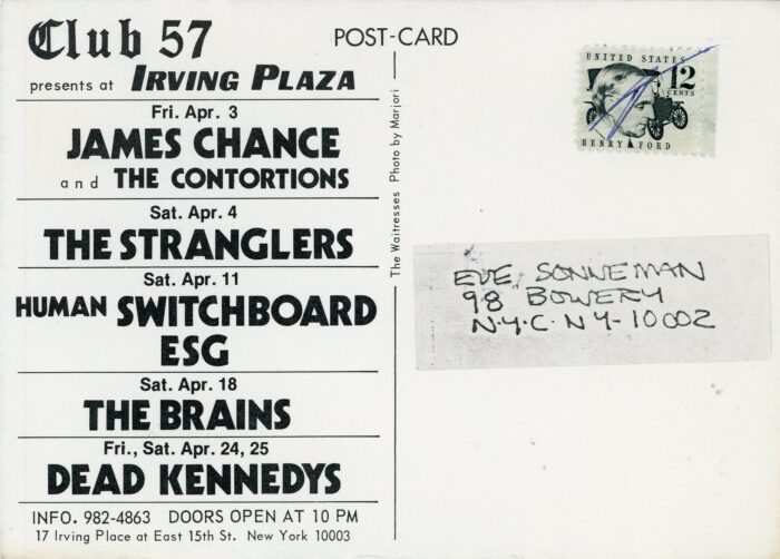 back of card for Club 57 featuring The Waitresses