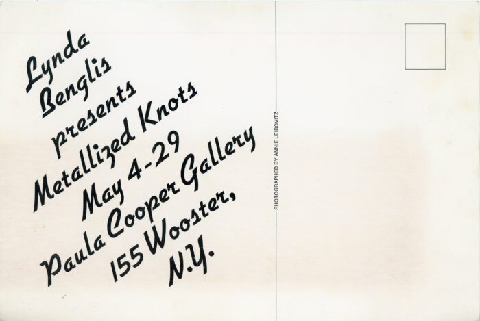 back of Lynda Benglis card for Paula copper Gallery