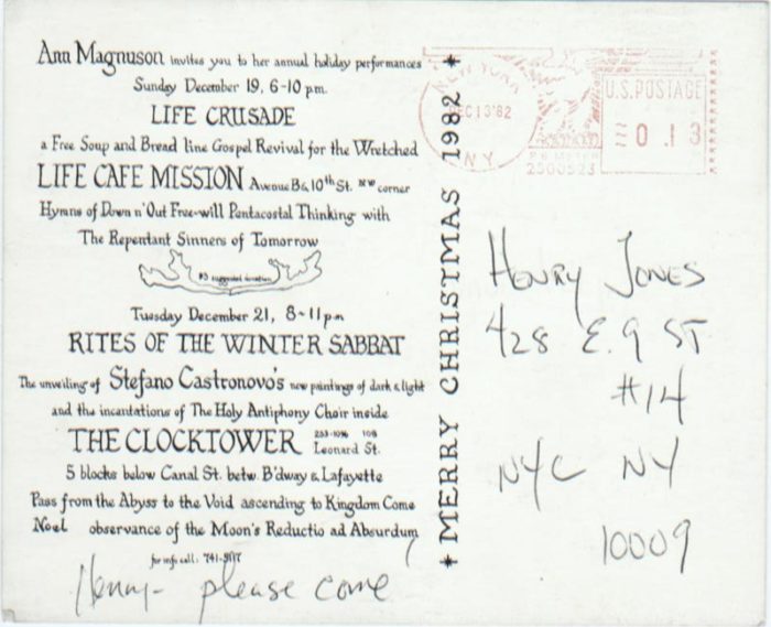 back of Life cafe Ann Magnuson's holiday show postcard