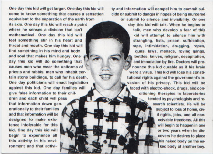 front of Wojnarowicz postcard for Exit Art exhibition