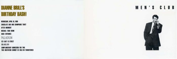 inside folded card for Dianne Brills birthday party at Palladium