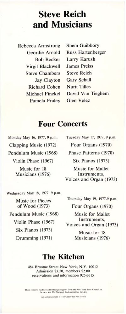 card announcing Steve Reich concerts with The Kitchen and The Center for New Music