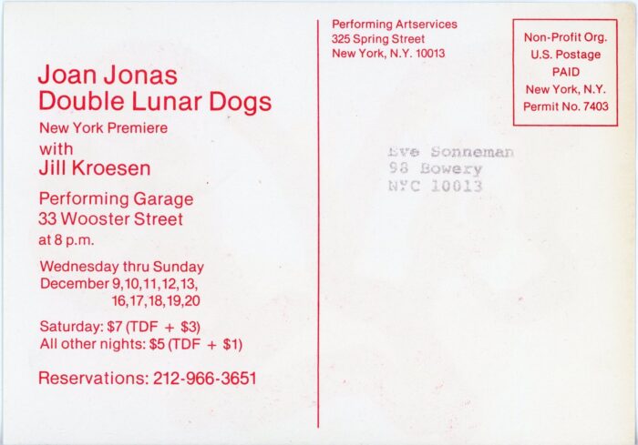Back of Joan Jonas' card for Double Lunar Dogs at Performing Garage