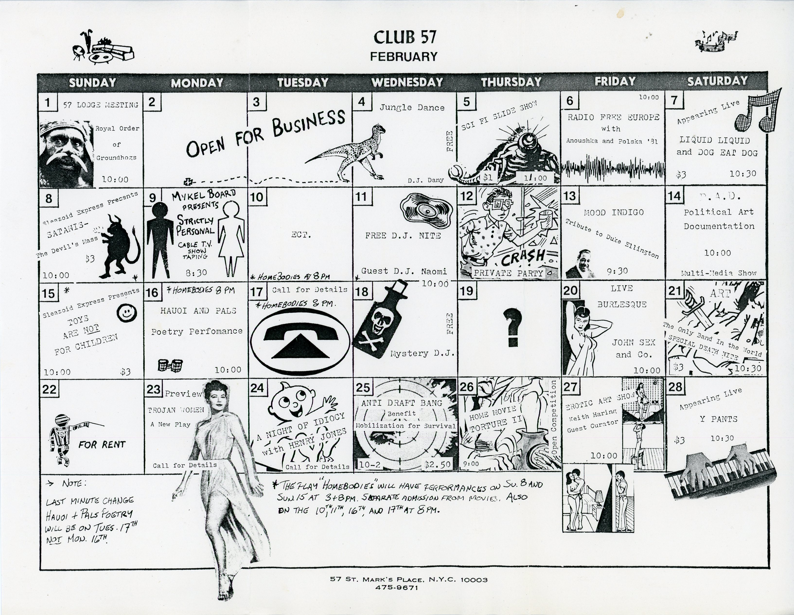 Club 57 February 1981 calendar