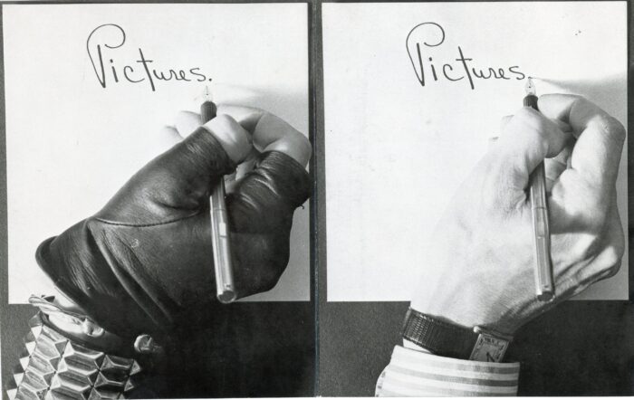 front of Robert Mapplethorpe's Pictures exhibtion card