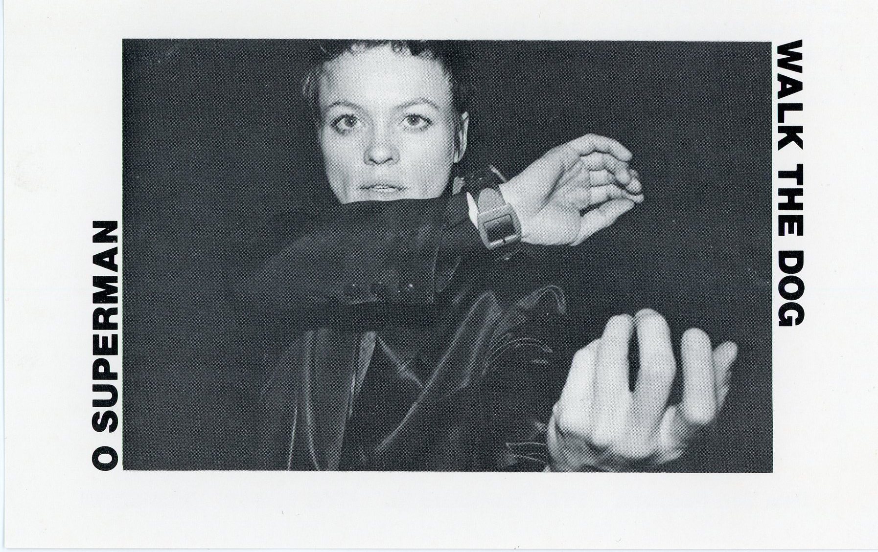 O Super Man / Walk The Dog postcard for Laurie Anderson's EP release - front