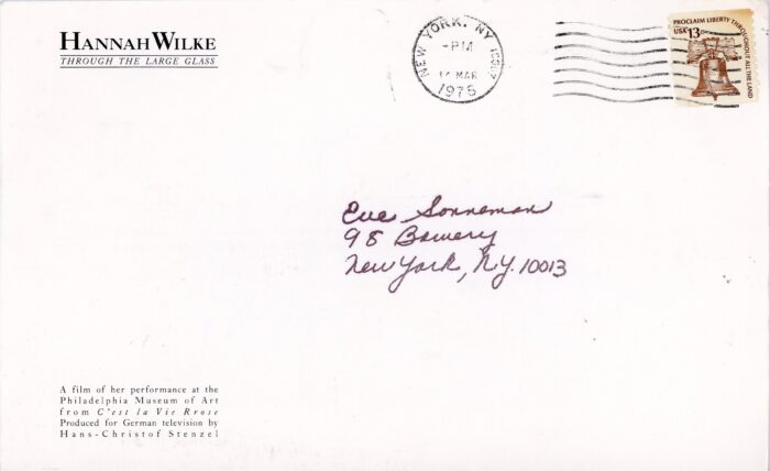 back of postcard for Hannah Wilke's exhibition Through The Large Glass