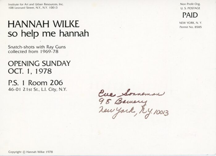 back of showcard for Hannah Wilke's so help me hannah at P. S. 1