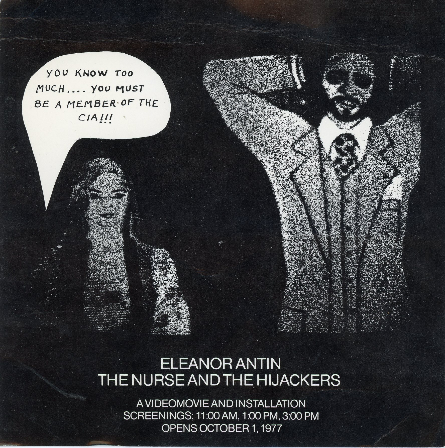 Eleanor Antin's exhibition card for The Nurse and the Hijackers at Ronald Feldman Fine Arts