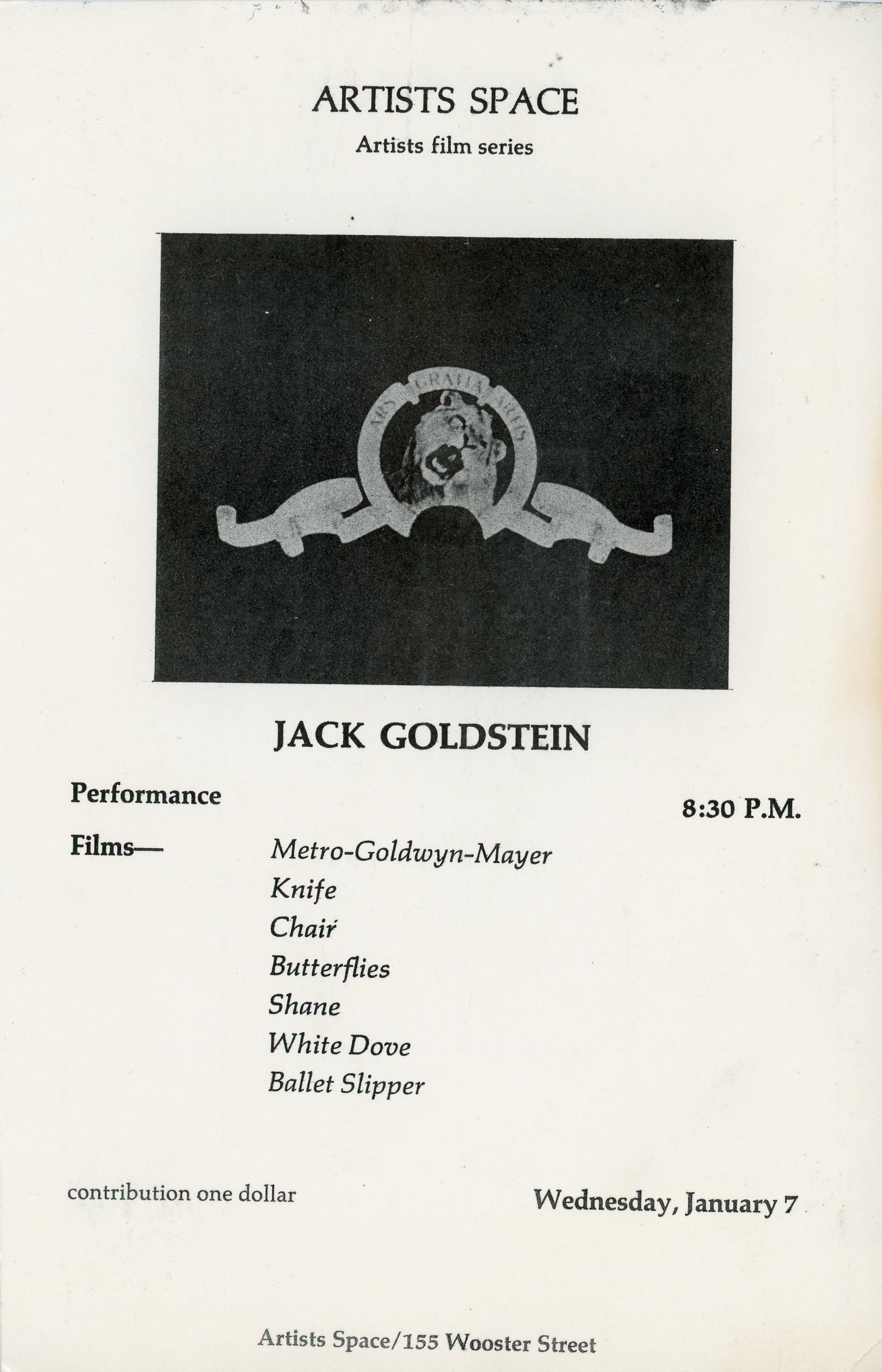 Jack Goldstein film screening card from Artists Space