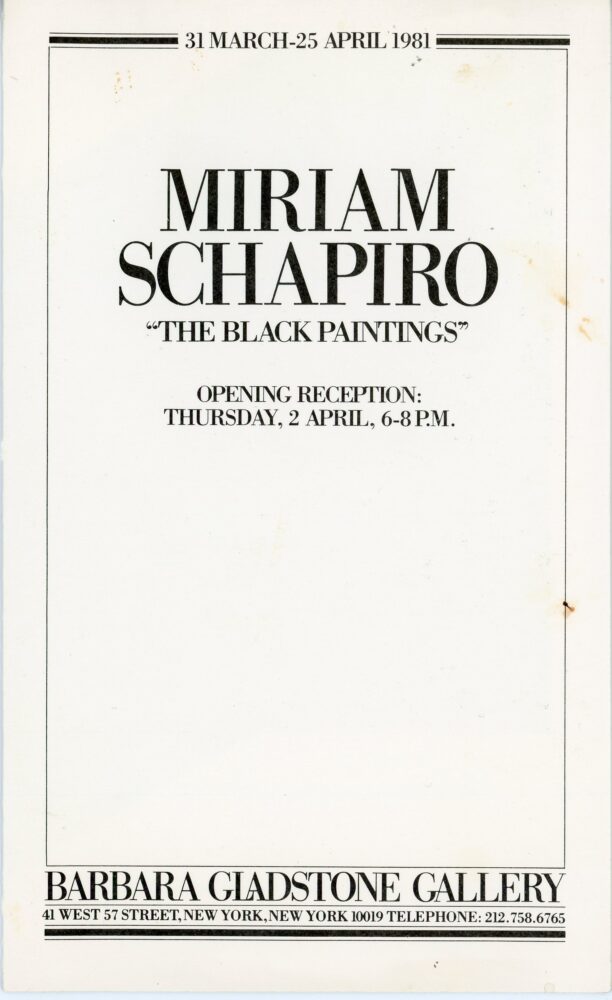 front of Miriam Shapiro card for Barbara Gladestone Gallery