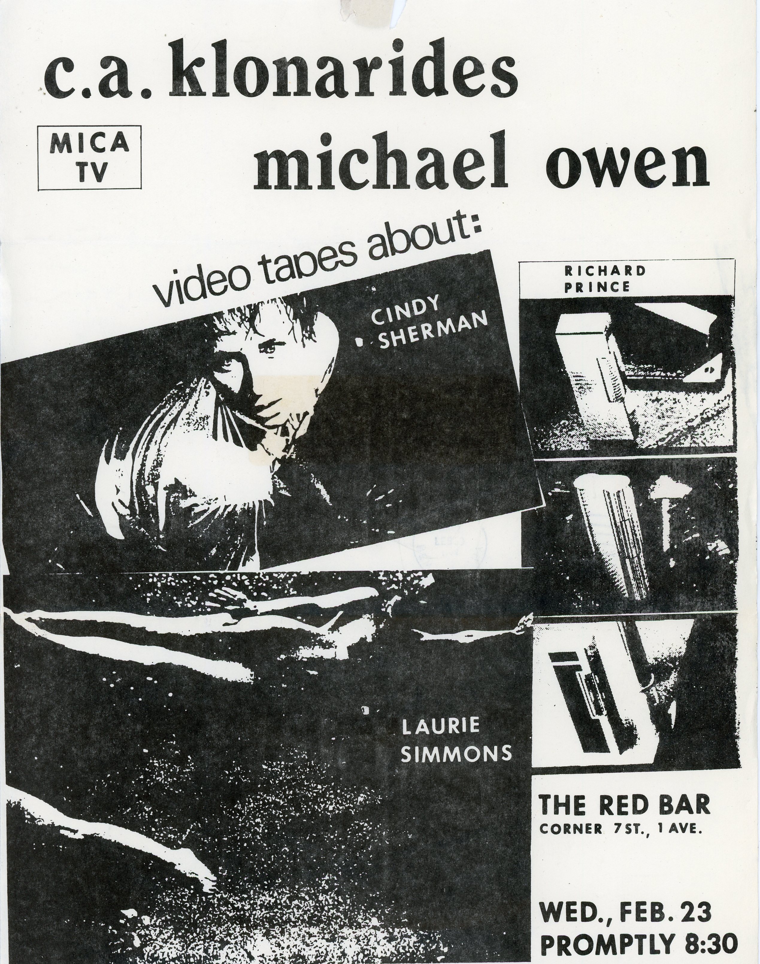 Carole Ann Klonerides flyer for Cindy Shermn and Richard Prince video tapes