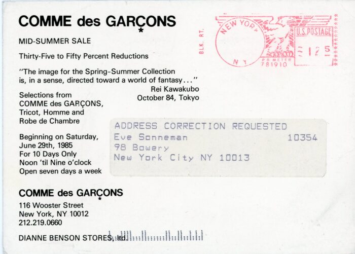 back of Dianne Benson Stores card for Comme des Garçons sale