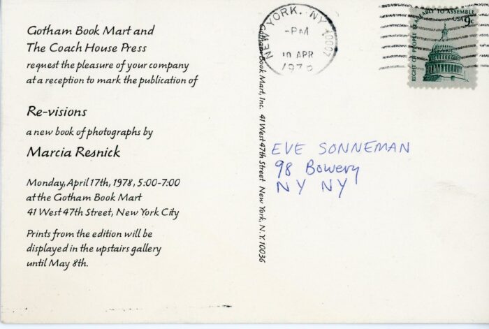 back of card for Marcia Resnick's re-visions book release