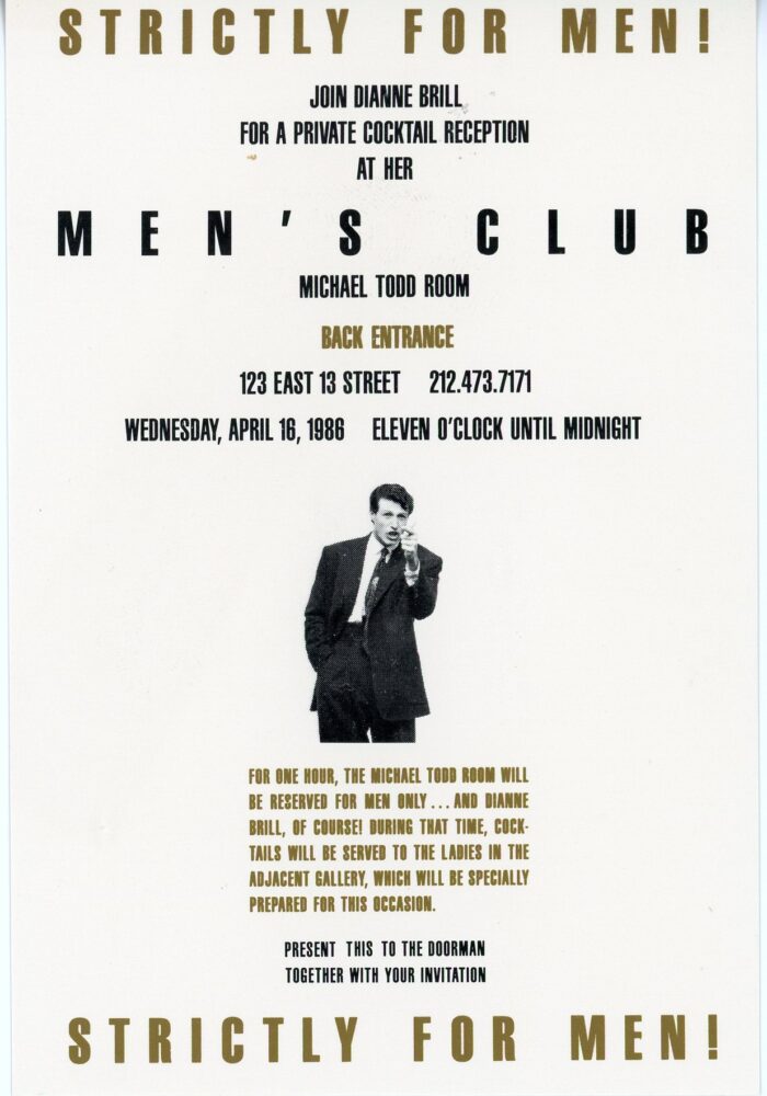 postcard for Dianne Brill's mens only birthday reception