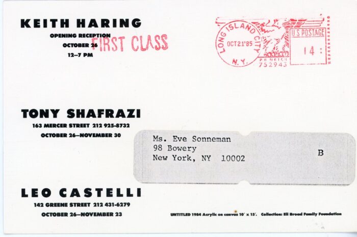 back of card for Haring at Shafrazi and Castelli