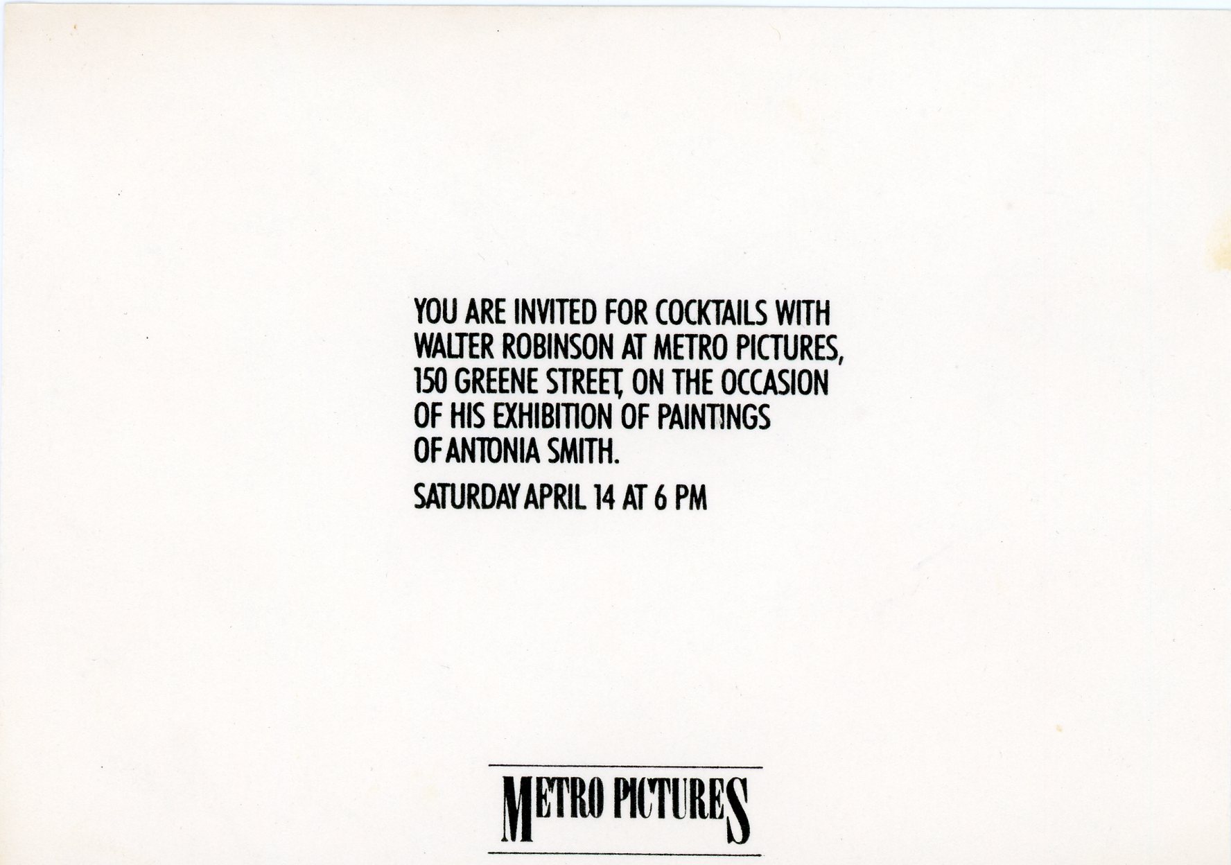 Walter Robinson card for Metro Pictures