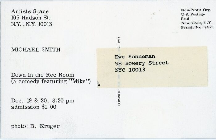 Back of Michael Smith card for Artists Space