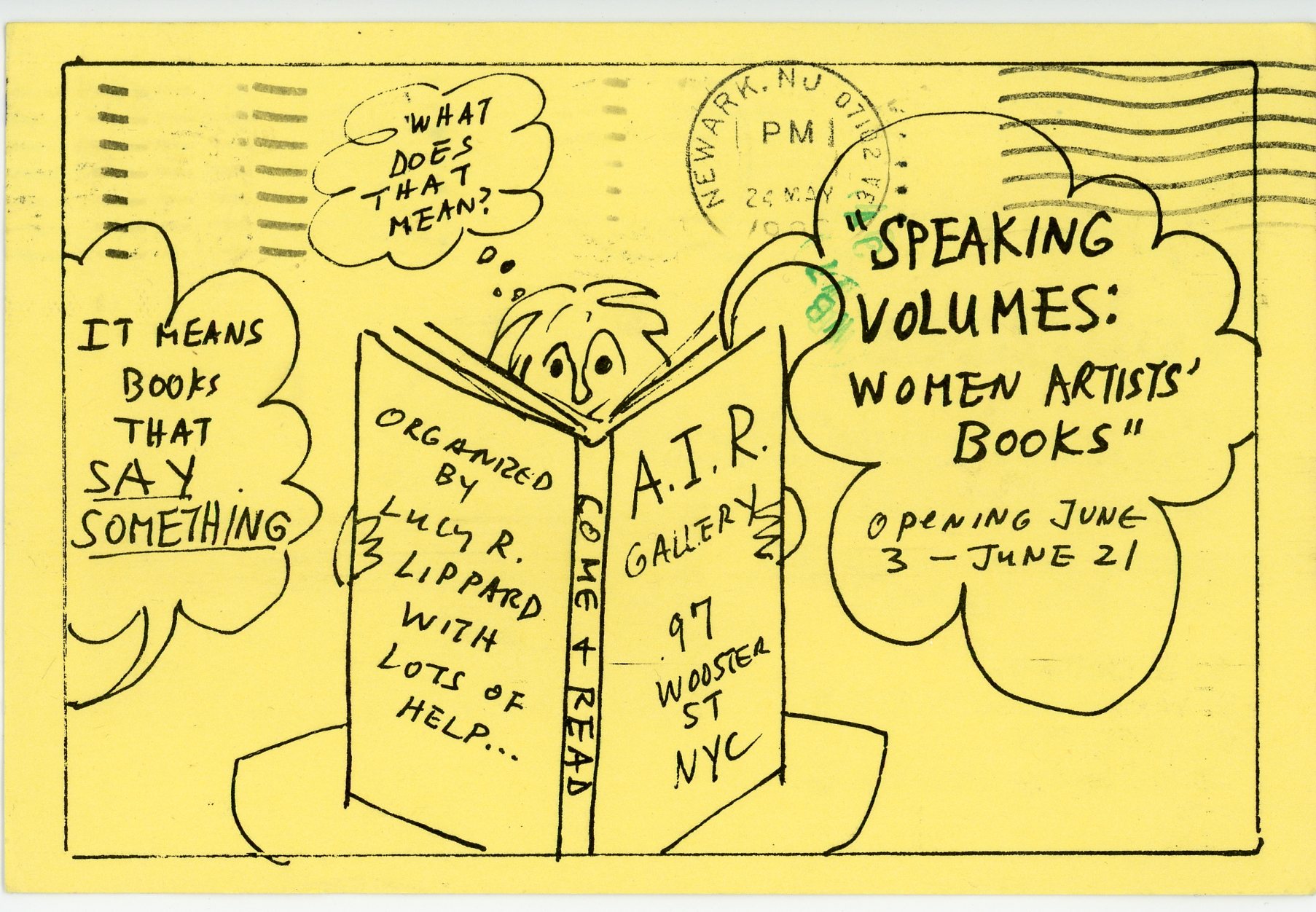 women artists' books show card for A.I.R. Gallery - front