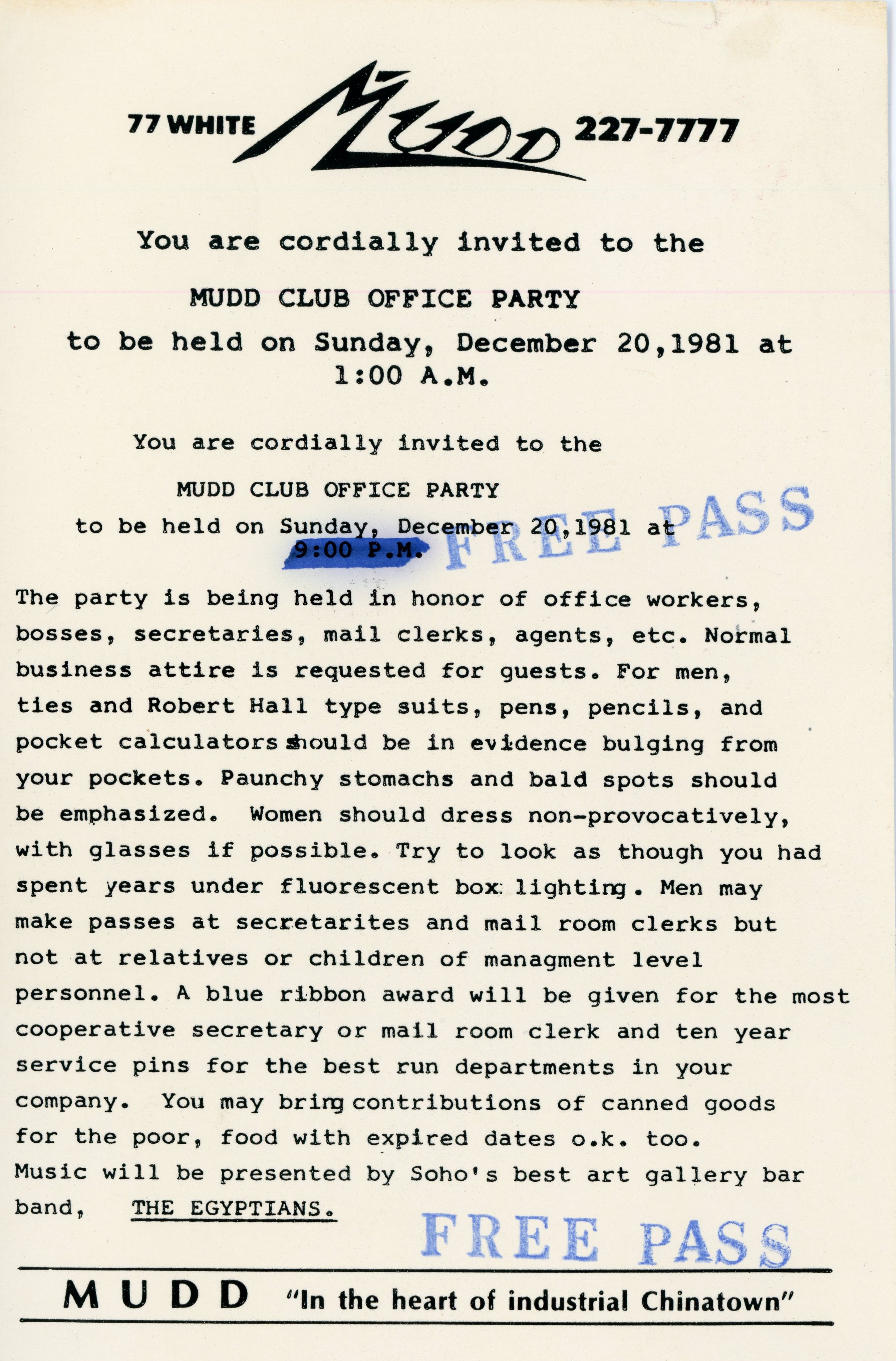 Mudd Club Office Party invite