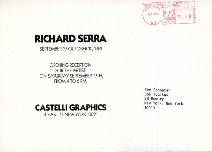 richard serra at castelli graphics - back of card