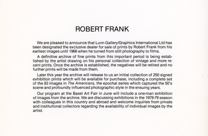robert frank print sale card