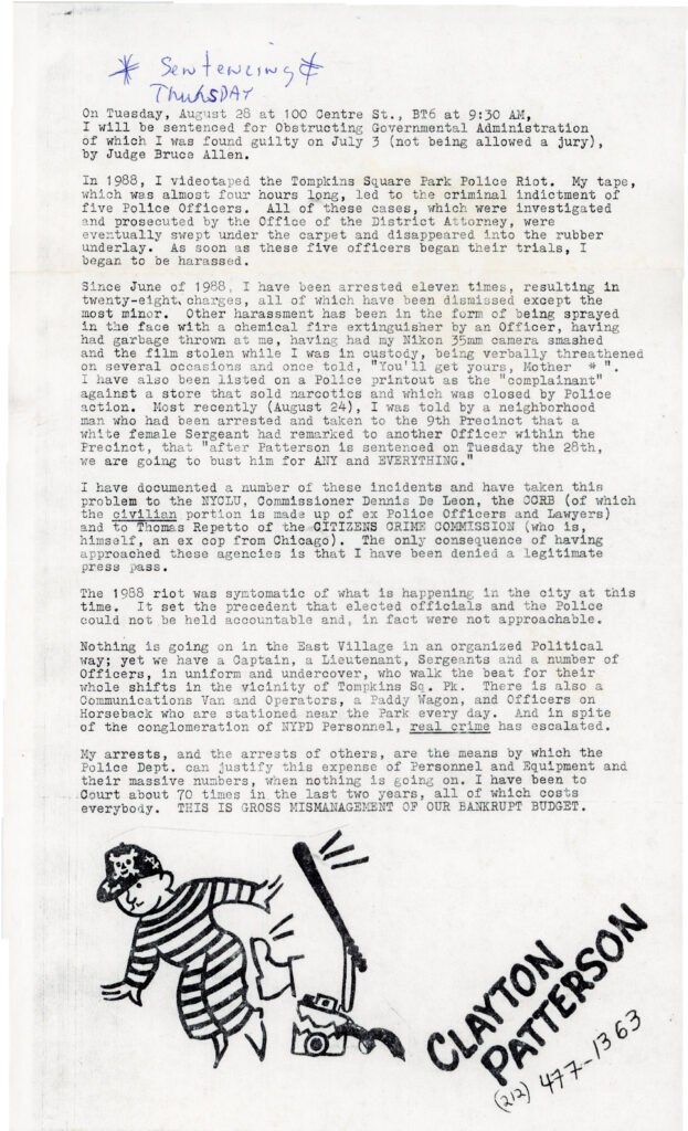Gallery 98 Clayton Patterson, Press Release, 1988