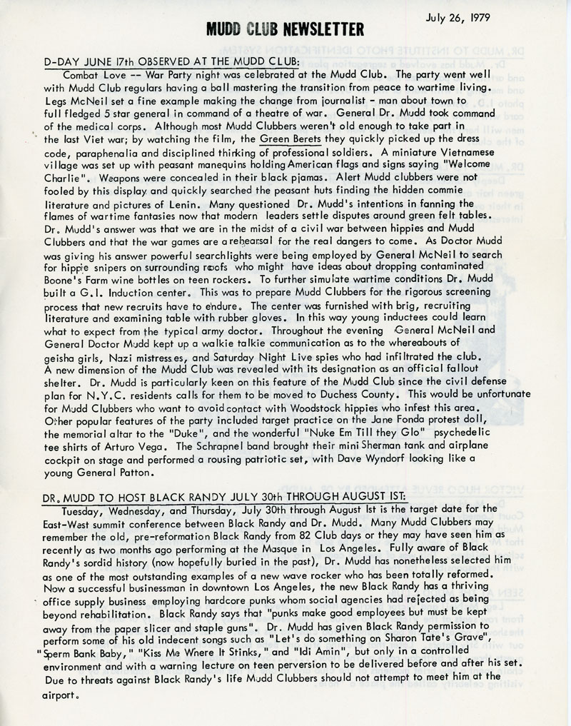 Mudd club newsletter
