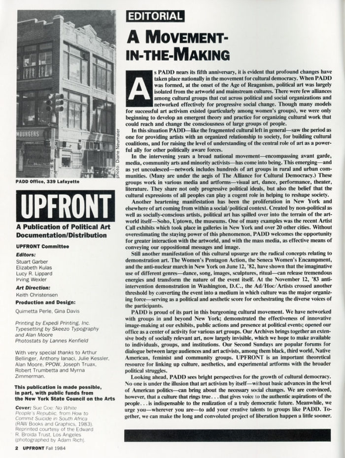 Upfront Magazine Anton van Dalen Lucy Lippard Sou Coe