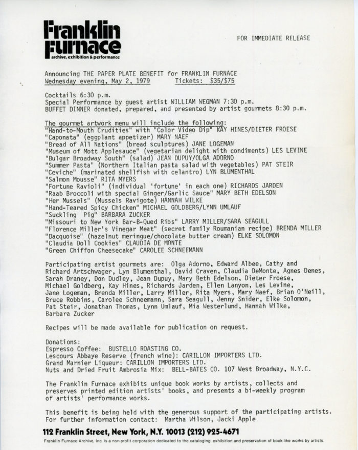 Franklin Furnace William Wegman paper Plate Benefit