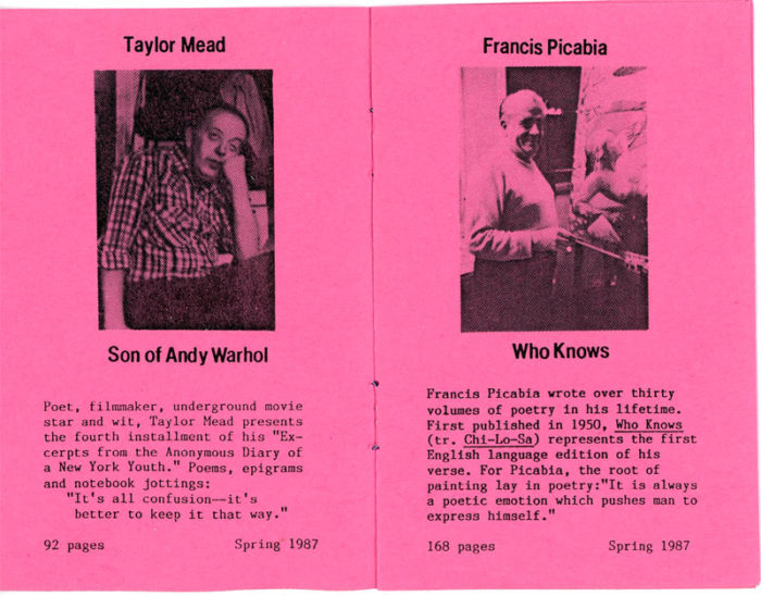 Hanuman-Books,-Taylor-Mead-and-others,-Author-Bios,-Small-Booklet,-1987