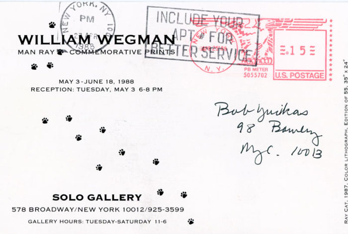 Solo-Gallery,-William-Wegman,-Man-Ray-Commemorative-Prints,-Card,-1988---back