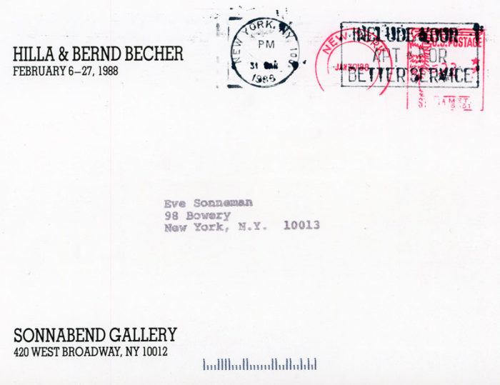 Sonnabend-Gallery,-Hilla-&-Bernd-Becher,-Card,-1988---back