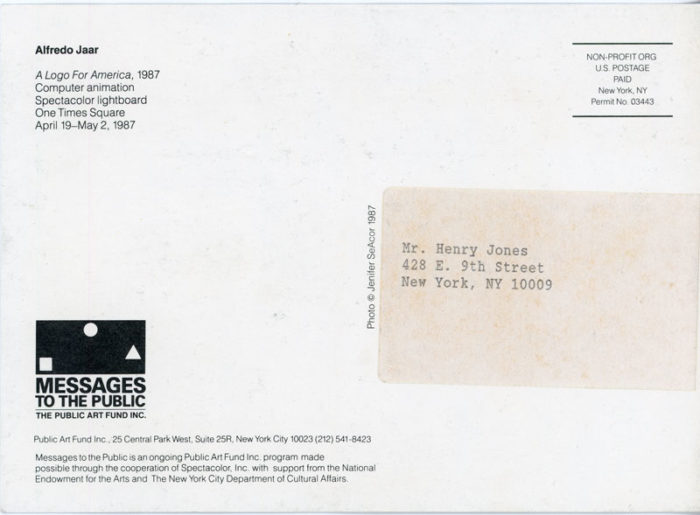 Gallery 98 Public Art Fund, Alfredo Jaar, A Logo for America, Card, 1987