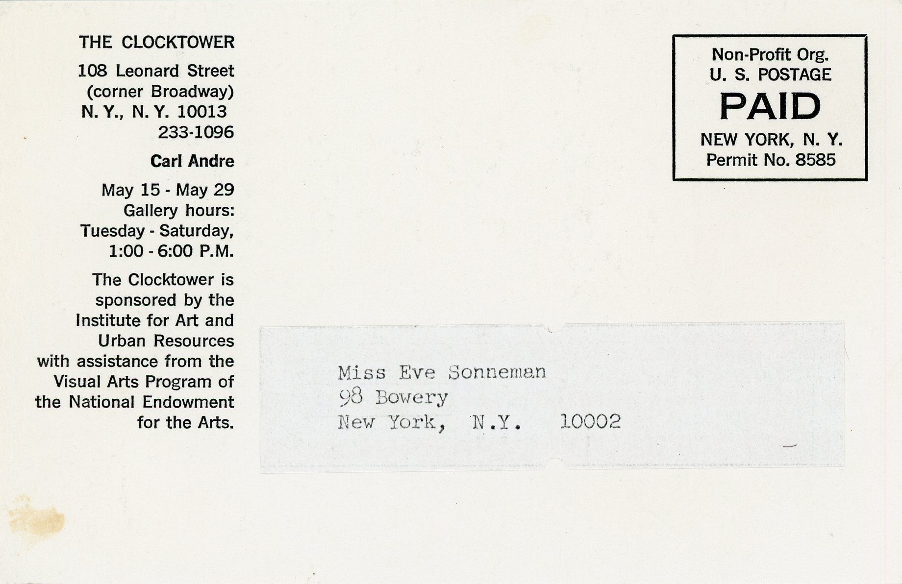 Gallery 98 | Carl Andre, The Clocktower, “Tomb of the Golden ...