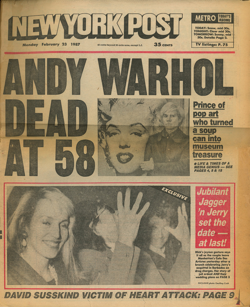 Gallery 98 | Andy Warhol Dead at 58, Newspaper, New York Post, 1987