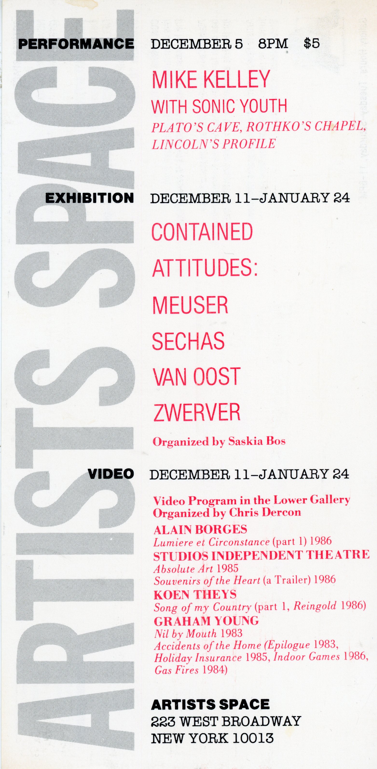 Gallery 98 | Mike Kelly with Sonic Youth, Artists Space, Card, 1986