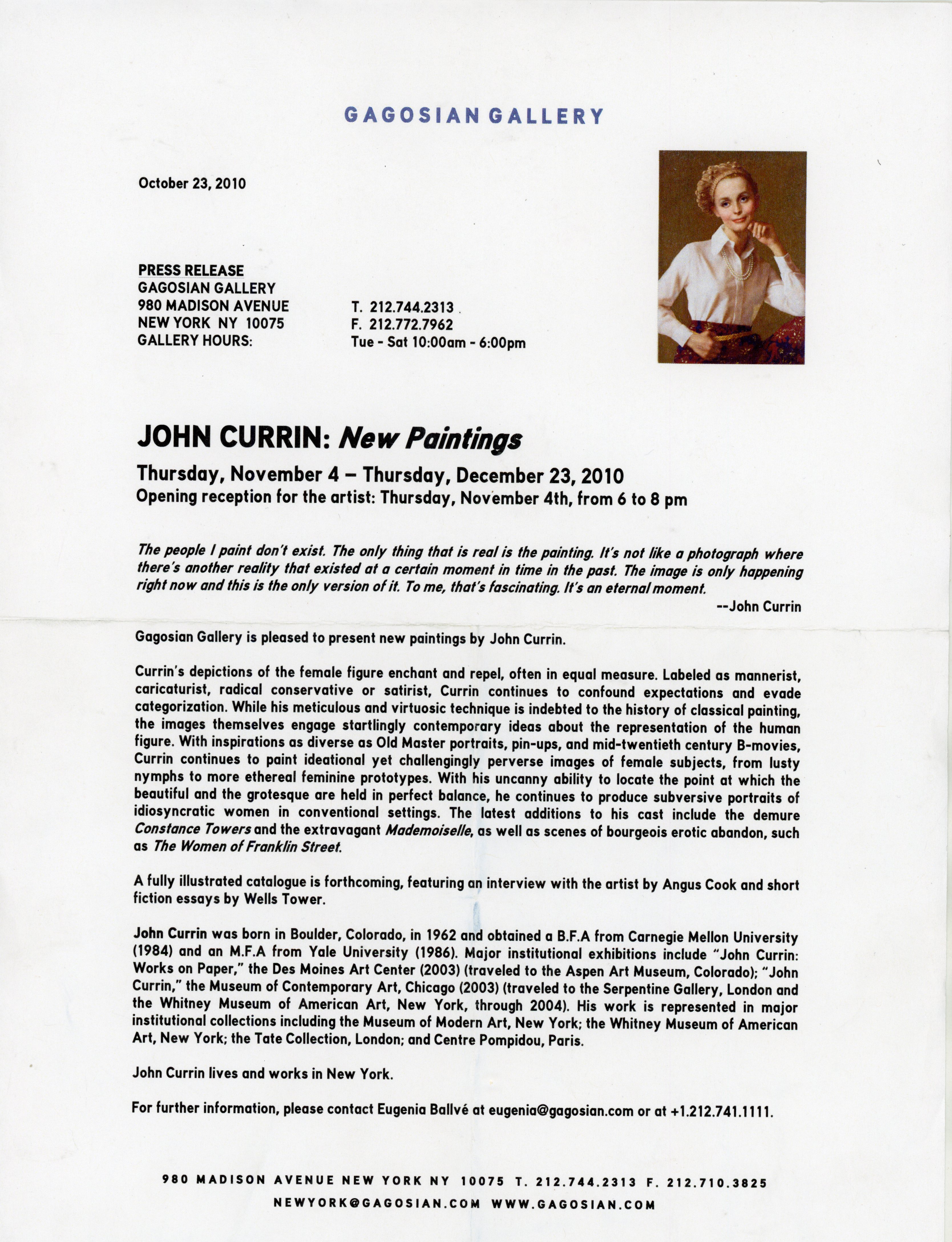 Gallery 98 | John Currin, Gagosian Gallery, Press Release, 2010